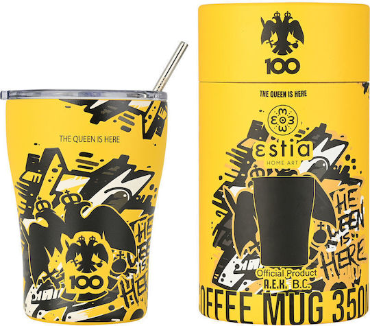 Estia Coffee Mug Save The Aegean Glas Thermosflasche Rostfreier Stahl BPA Frei 350ml AEK BC Edition The Queen is Here mit Stroh