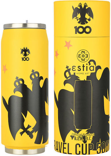 Estia Travel Cup Save the Aegean Recycelbar Glas Thermosflasche Rostfreier Stahl / Kunststoff BPA Frei 500ml Aek Bc Edition mit Stroh