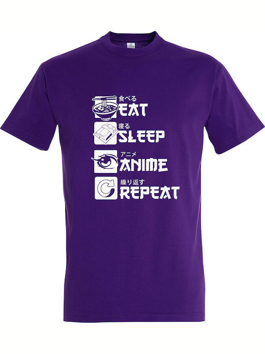 Eat Sleep Anime Repeat T-shirt Μωβ Βαμβακερό