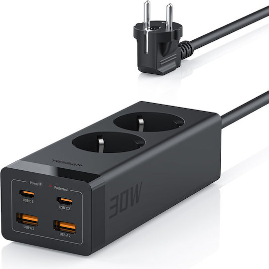Tessan Πολύπριζο Aσφαλείας 2 Θέσεων με 2 USB-A, 2 USB-C και Καλώδιο 2m