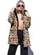 Women's Short Puffer Jacket Double Sided for Winter with Detachable Hood Black-leopard