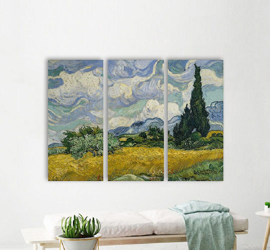 Canvas Painting Wheat Field Cypresses Van Gogh Triptych 100x70 Cm 3pcs 33x70cm
