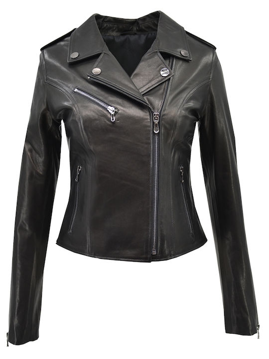 Women's Short Lifestyle Leather Jacket for Winter Black