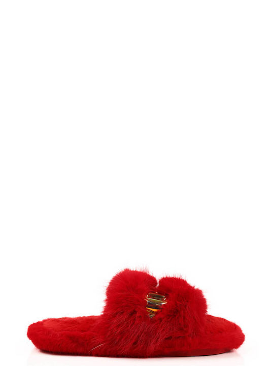 Red Fur Slippers with Metallic Detail