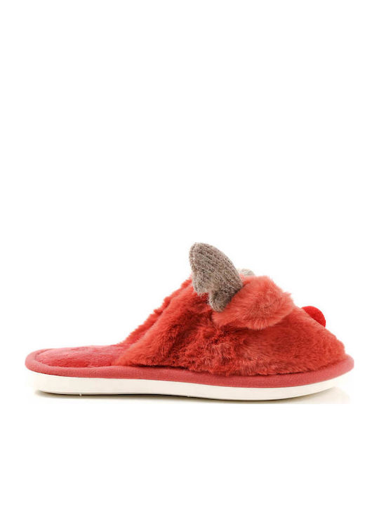 Rote Hausschuhe mit Rentierdesign aus Fell
