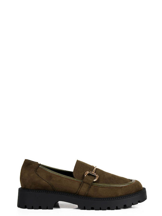 Olive Suede Loafers with Gold Metallic Detail