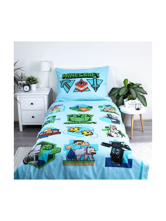 Minecraft Icons Jerry Set Kids Duvet Cover Single with Pillowcase Cotton Light Blue 140x200cm