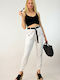 Damen Stoff Capri Hose mit Gummizug in Lockere Passform White