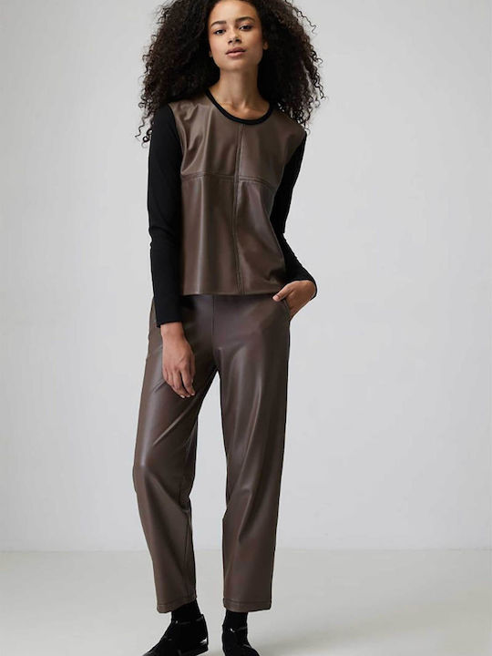 Women's Fabric Trousers with Elastic Brown