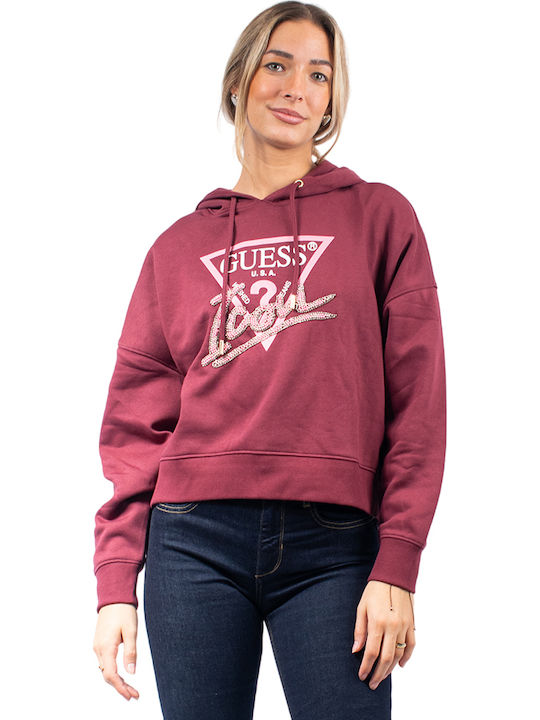 Guess Icon Γυναικείο Φούτερ με Κουκούλα Red Wine