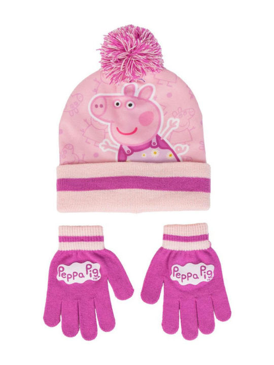 Peppa Pig Σετ Παιδικό Σκουφάκι με Γάντια Πλεκτό Ροζ 2τμχ