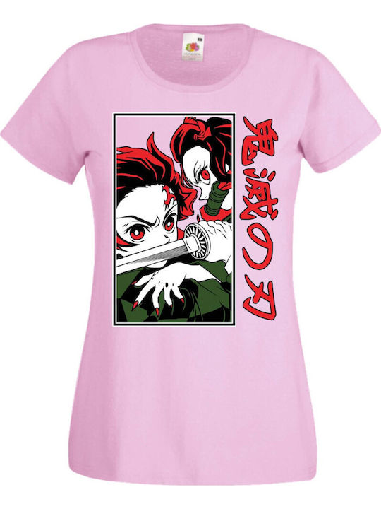 Дамска тениска с манга аниме Tralala Anime Manga Demon Slayer Kimetsu No Yaiba Tanjiro Nezuko Akaza Inosuke Mitsuri Rengoku Demon Slayer Tanjiro Nezuko Fighting Japan Animation светло розова