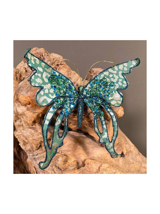 Christmas Ornament Blue Butterfly Green Sequins & Glitter 16*15cm