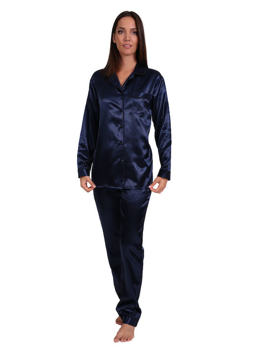 Lydia Creations Winter Women's Pyjama Set Satin Dark Blue