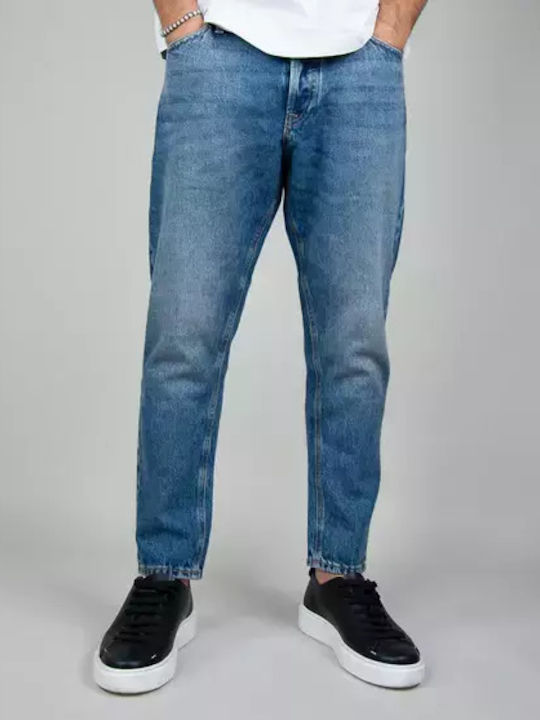 Frank Men's Cropped Elastic Jeans Pants With Slim Tapered Fit Blue Denim