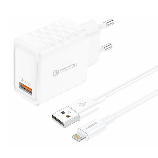 Foneng Încărcător cu Port USB-A și Cablu Lightning 18W Quick Charge 3.0 Albς (EU54)