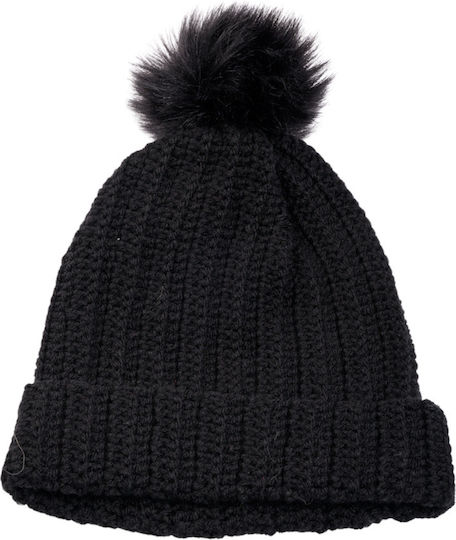 Pom Pom Beanie Beanie with Rib Knit in Black color