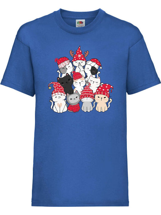 Kid T-shirt Tralala Cat Christmas Tree 01 Blue