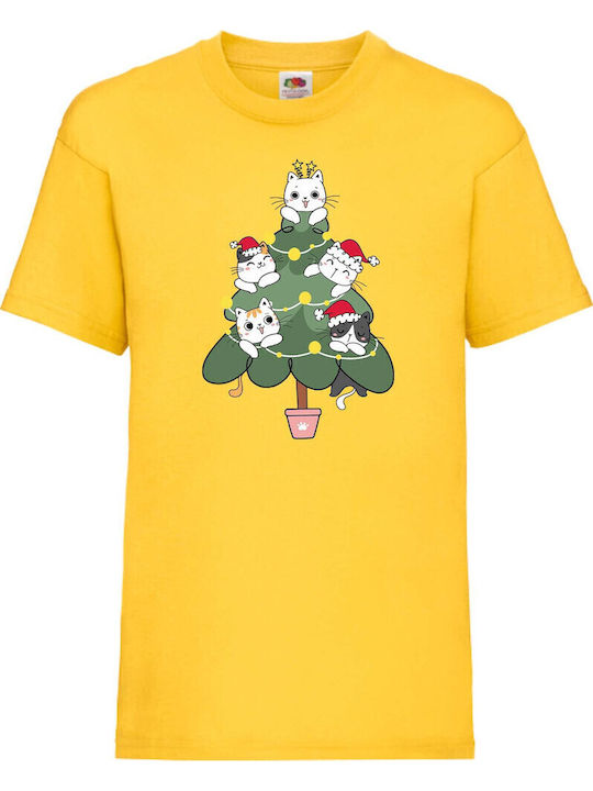 Kid T-shirt Tralala Cat Christmas Tree 02 Yellow