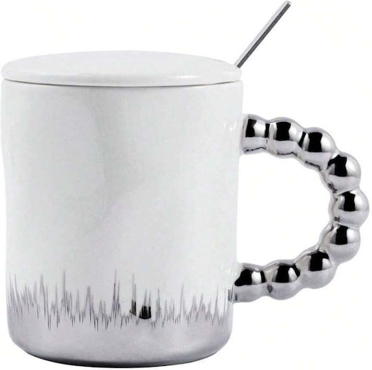 Keramische Tasse Mit Deckel Löffel Pufo Opulenz Kaffee Tee 250 ml Weiß Silber