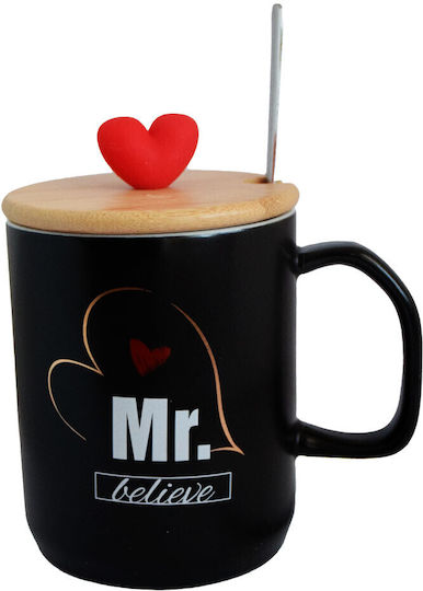 Keramiktasse Bamboo Deckel Pufo Mr Believe Kaffee Tee 340 ml Schwarze