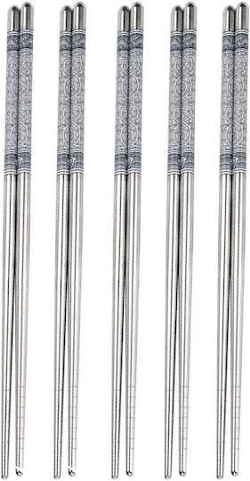 Set 5 Pairs Premium Puff Metal Bețișoare Din Oțel Sushi 22 Cm Argintiu