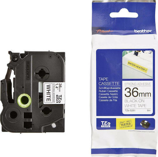 Bandă laminată Tze-s261 36 mm negru pe alb extra rezistentă