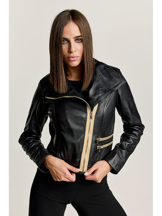 Women's Short Lifestyle Leather Jacket for Winter Black