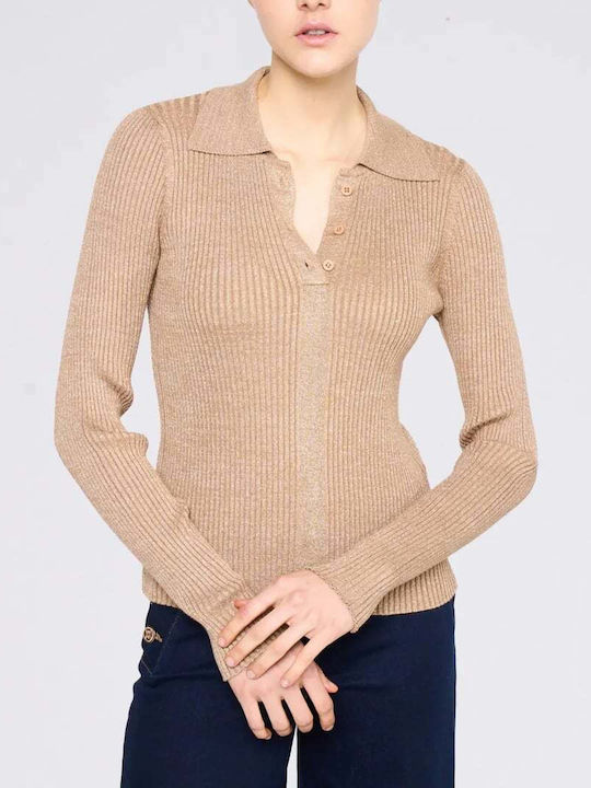 Women's Polo Blouse Long Sleeve Beige