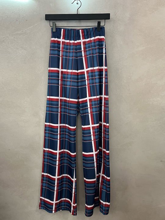 Women's Flared Checked Blue Pantaloons