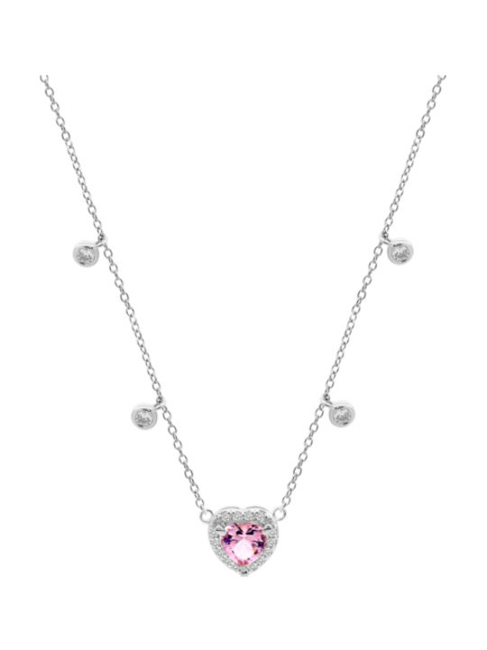 Lotus Watches Necklace with Heart Design in Silver with Pink Zircon