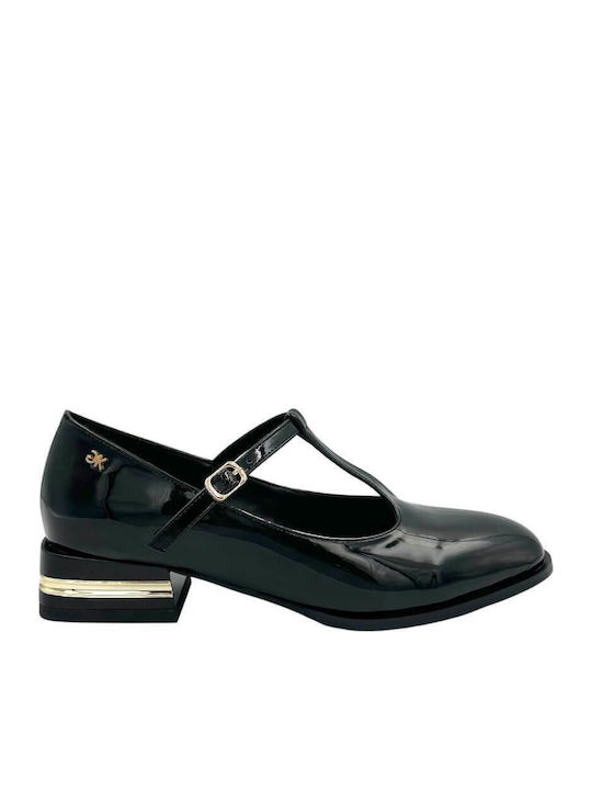 Leder Pumps mit Riemchen & flacher Absatz Schwarz