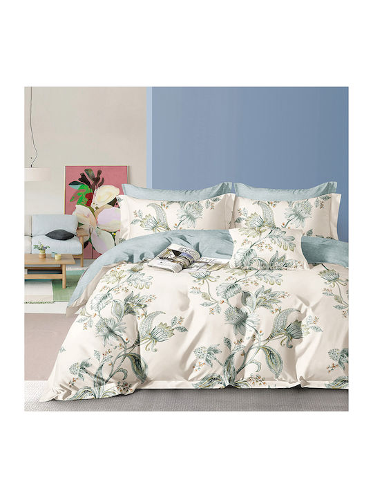 Beauty Home Domenico Set Coverlet Queen Size Cotton Satin Ecru, Green 220x240cm 3pcs