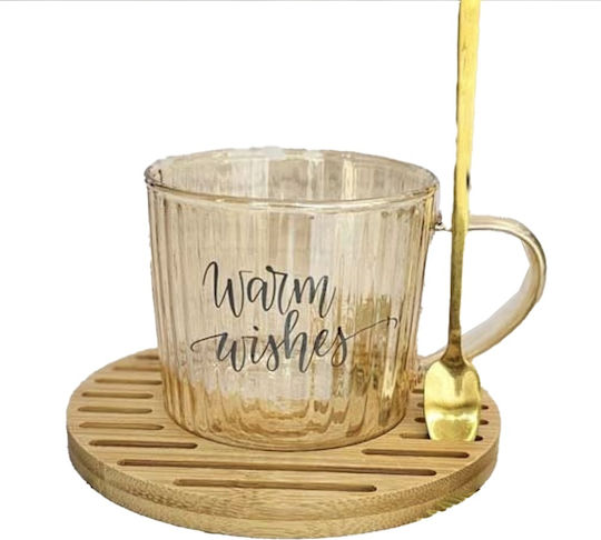 Glass Mug Bamboo Wood Holder Pufo Warm Wishes Spoon Coffee Tea 200 Ml