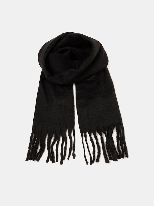 Solid Color Scarf with Fringes Black Black