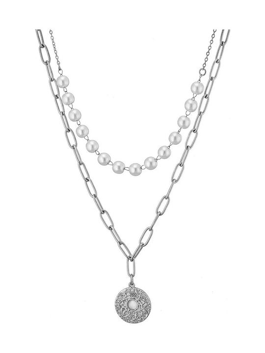 Oxzen Necklace Double from Steel with Pearls