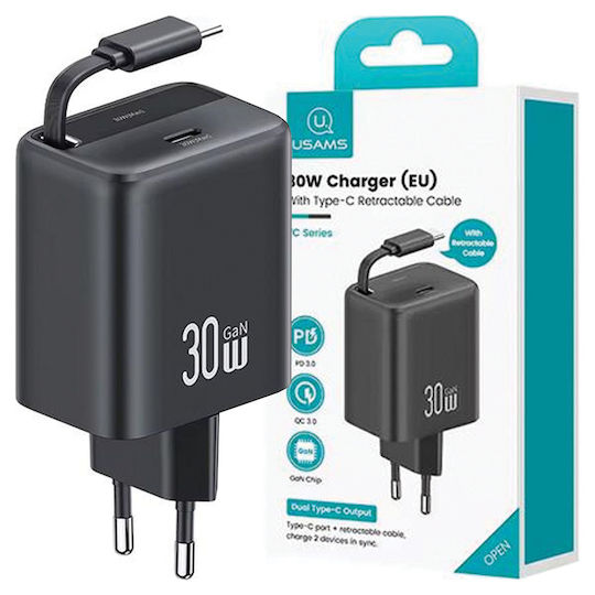Usams Încărcător cu Cablu Integrat GaN cu Port USB-C 30W Livrarea energiei Negruς (US-CC241)