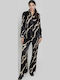 Women's High-waisted Fabric Trousers with Elastic Straight Line Black/Gold