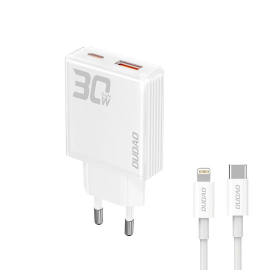 Dudao Charger GaN with USB-A Port and USB-C Port and Cable USB-C - Lightning 30W Power Delivery / Quick Charge 3.0 Whites