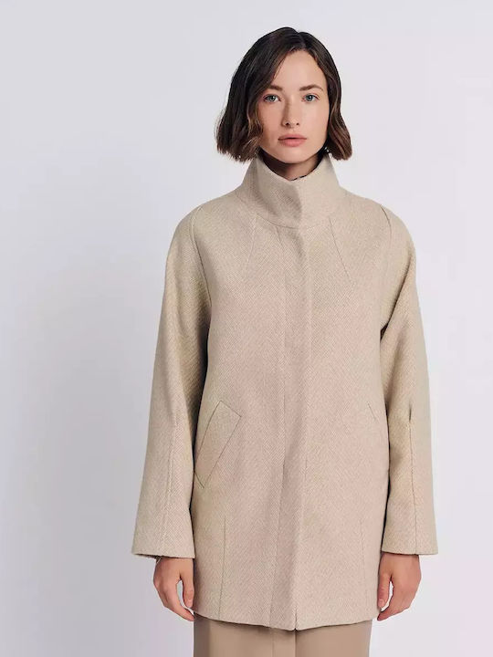 Wool Women's Beige Peacoat with Buttons