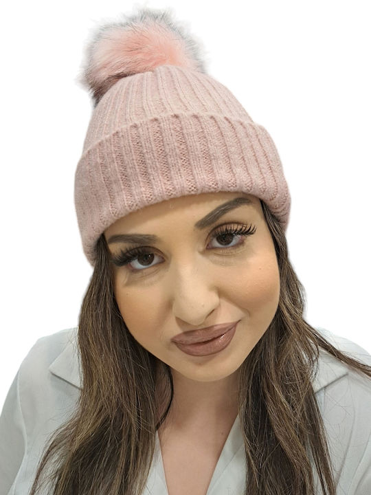 Pom Pom Beanie Unisex Σκούφος Πλεκτός σε Ροζ χρώμα