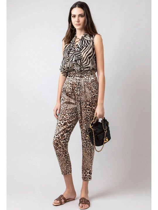 Gaelle Paris Damen Hoch tailliert Stoff Hose mit Gummizug Relaxed Fit Leopard Beige/Brown