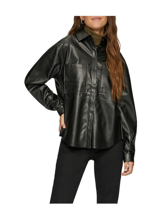 Long Sleeve Women's Leather Shirt Black