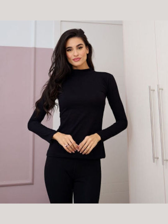Mânecă lungă Bumbac Black Tricou pentru femei Pulover cu guler înalt