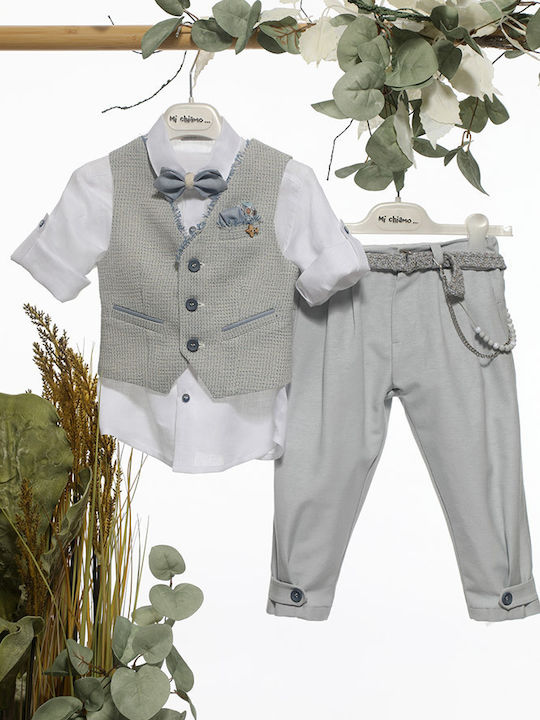 Mi Chiamo Costum De Botez Cu Vestă Pentru Băiat Gri-Ciel A4683