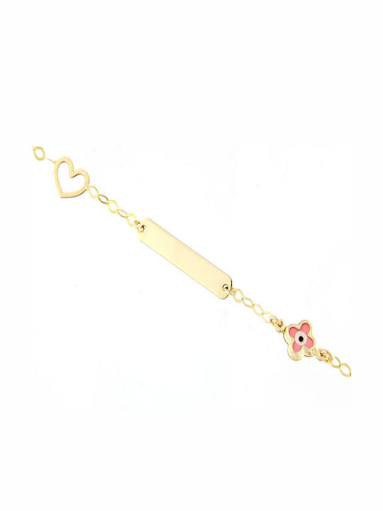 Ios Kids Bracelet ID from Gold 9K with Heart, Σταυρό, Stones & Evil Eye