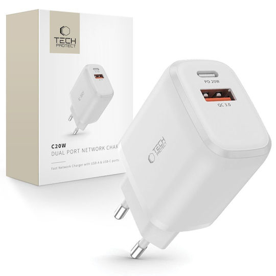 Tech-Protect Φορτιστής Χωρίς Καλώδιο με Θύρα USB-A και Θύρα USB-C 20W Power Delivery / Quick Charge 3.0 Λευκός (C20W)