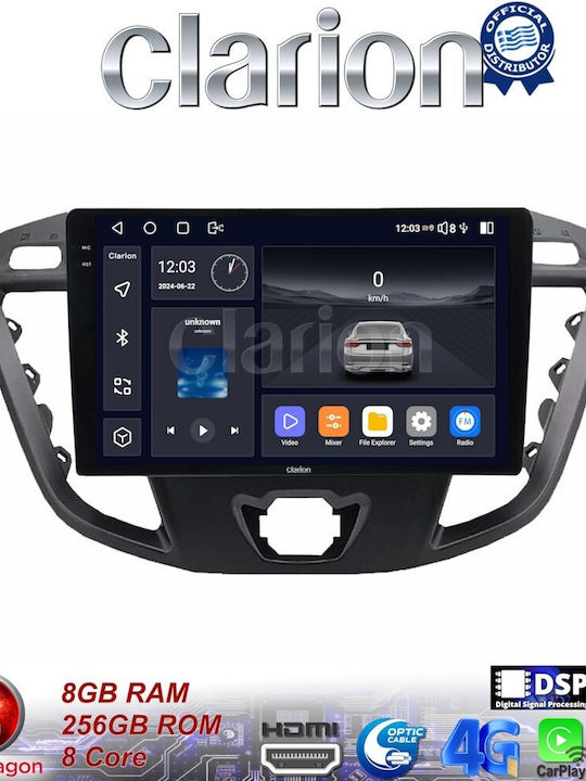 Clarion Car Audio System for Ford Transit Custom / Tourneo Custom / Tourneo 2013 (Bluetooth/USB/WiFi/GPS/Apple-Carplay/Android-Auto) with Touch Screen 9.5"