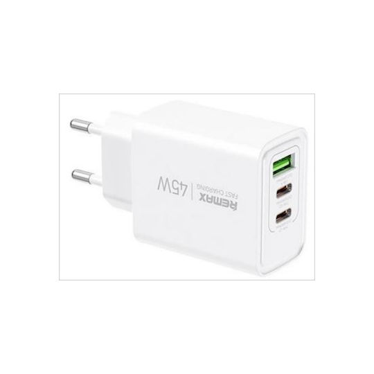 Remax Charger Without Cable with USB-A Port and 2 USB-C Ports 45W Whites (RP-U139)