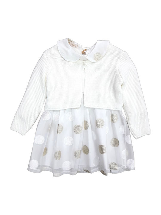 Girls Dress Set with Coat Ecru Gold